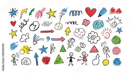 Creative Scribbles: A vibrant collection of whimsical doodles, with playful sketches, arrows, stars, hearts, and shapes