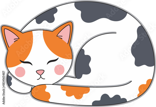 Adorable cartoon illustration of a sleeping calico cat curled up tightly in a cozy, peaceful resting position. Great for pet themes