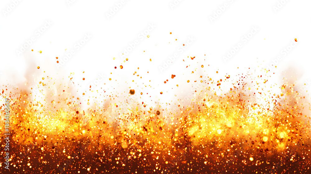 Naklejka premium Fire and sparks background, glowing yellow and orange flames with embers floating, isolated on white background. 