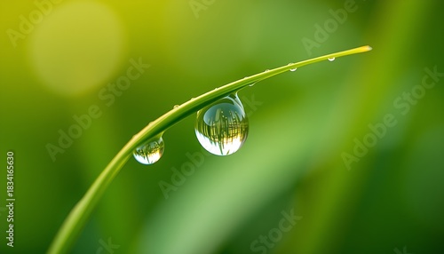 Morning macro close-up of fresh dew drops on green grass blades and vibrant plant leaves, capturing nature's summer freshness