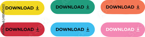 Set of Colorful Download Buttons with Arrow Icons for Web Design, Data Transfer, Software Installation, File Sharing, and Application User Interface Elements