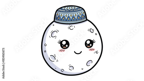 Islamic Crescent Moon Icon: A cute crescent moon character, adorned with an elegant kufi, brings the symbolism and artistic beauty. Embracing faith and culture