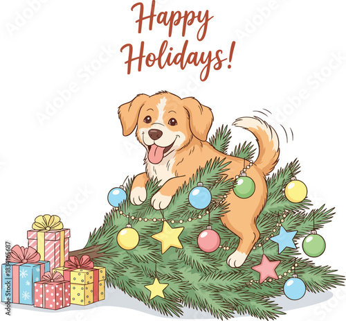 Adorable cartoon puppy tangled in a fallen Christmas tree decorated with ornaments and presents. The cheerful dog creates a festive mess