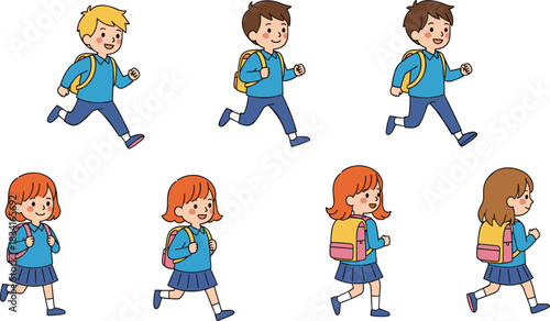 Cartoon school children walking and running with backpacks—ideal for educational, school-themed, and children’s activity illustrations.