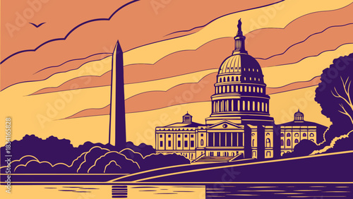 Washington dc skyline with us capitol building and washington monument. Suitable for travel, political, and patriotic themes in design projects.