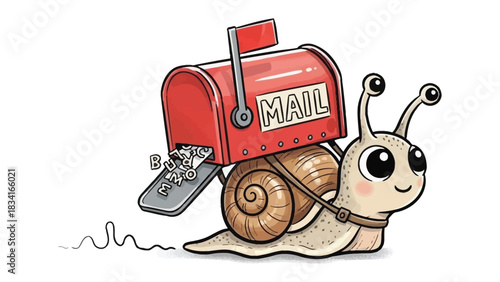 Snail Mail Delivery: A whimsical cartoon depicts a charming snail, carrying a vintage red mailbox, playfully delivering correspondence. This image embodies the essence of snail mail.
