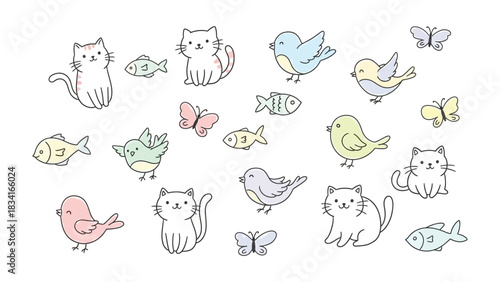 Whimsical Friends: A collection of adorable hand-drawn illustrations featuring charming cats, cheerful birds, delightful butterflies, and playful fish, creating a sense of joy and playful spirit.