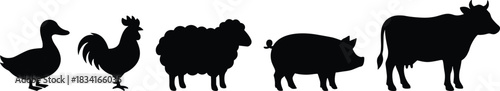 Set of Farm Animals Silhouettes, Duck, Rooster, Sheep, Pig, and Cow, for Livestock, Agriculture, Farming, Veterinary, and Natural Products Design