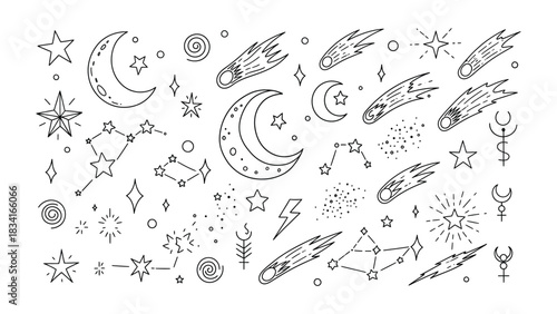 Celestial Composition: An artistic array of celestial bodies dance in a mesmerizing cosmic ballet. Twinkling stars, crescent moons, shooting stars.