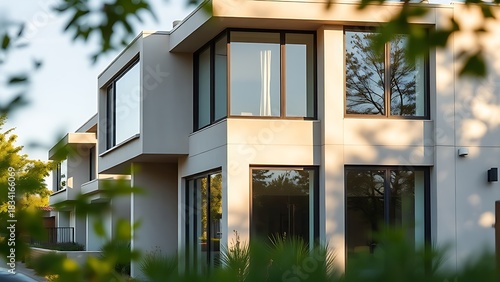 Contemporary home with clean lines and large windows, morning sun casting soft shadows on the concrete facade.