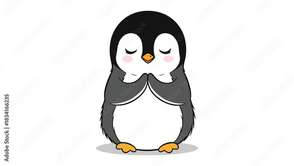 Obraz premium Zen Penguin: A tranquil depiction of a penguin with closed eyes and clasped hands, embracing a moment of peaceful meditation and inner serenity.