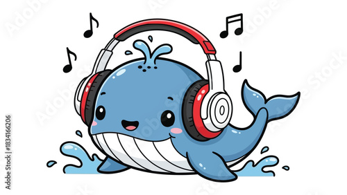 Whale's Rhapsody: A charming cartoon whale with headphones and musical notes in a lively underwater scene, experiencing the joy of melody.