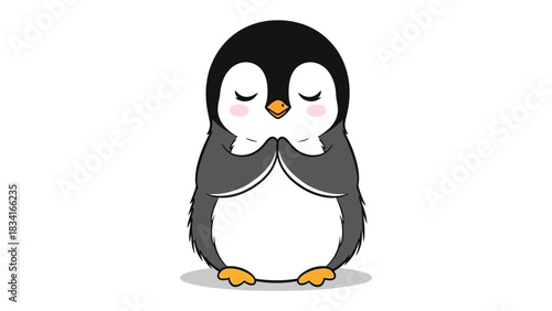 Zen Penguin: A tranquil depiction of a penguin with closed eyes and clasped hands, embracing a moment of peaceful meditation and inner serenity.