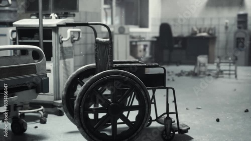 Inside a dilapidated hospital, a broken wheelchair sits surrounded by debris, evoking memories of care lost to time. The atmosphere is heavy with neglect and echoes of a once busy facility.