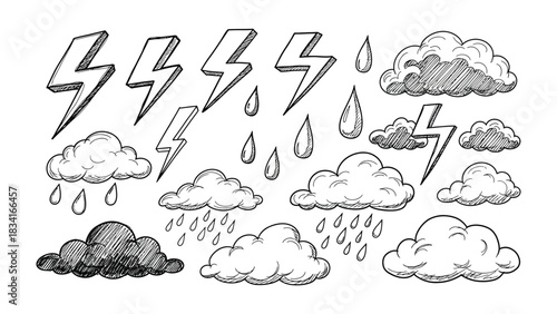 Weather Elements Sketch: A collection of hand-drawn weather elements, depicting dynamic clouds, intense lightning strikes, and falling raindrops, capturing the raw power and natural drama.