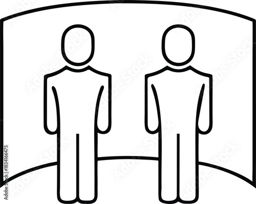 Two people stand in a high-tech room outline vector icon