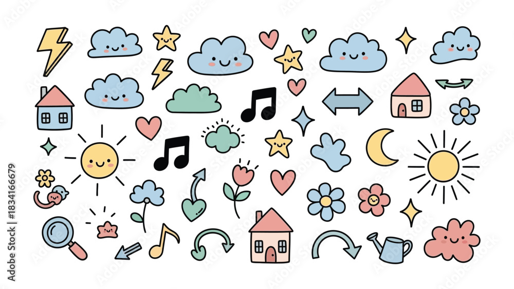 Obraz premium Adorable Icons: A vibrant assortment of cute and whimsical icons, from beaming suns and smiling clouds to twinkling stars and musical notes.