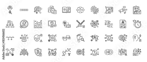 Cyber security and digital forensics line icon set. Vector pictograms of hacker, malware, shield, investigation, network, timeline, and surveillance, thin outline illustration.