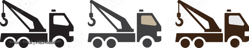 Black tow truck icon with a lifting hook on transparent. Three tow trucks line art icons 