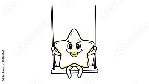 Star's Playtime: A charming illustration of a smiling star, joyfully enjoying a swing, representing happiness and delight.