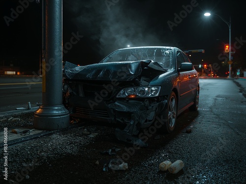 A dark sedan is severely damaged after a head-on collision with a pole on a wet street at night. Suitable for car accidents, insurance claims, and road safety themes.