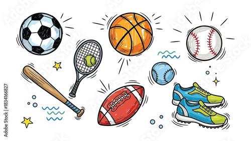Sports Collection Illustration: A vibrant illustration showcasing an array of sporting equipment, each item radiating energy and designed appeal.