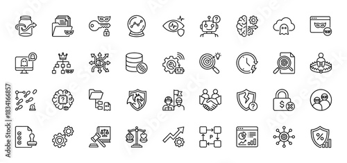 Data protection and cybersecurity line icon set. Vector pictograms of security keys, masked data, artificial intelligence, legal compliance, and network concepts, thin outline illustration.