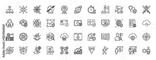 Cybersecurity and risk management line icon set. Vector pictograms of shield, padlock, fingerprint, and data analysis, thin outline illustration.