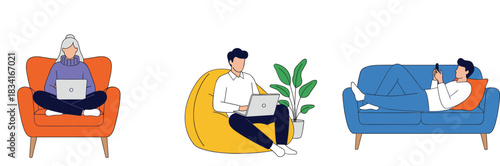 People relaxing and working at home vector illustration set showing laptop use rest and comfortable seating lifestyle