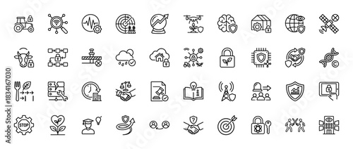 Digital technology and smart agriculture line icon set. Vector pictograms of farm security, data science, food production, and business development, thin outline illustration.