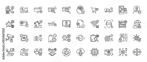 Cybersecurity line icon set. Vector pictograms of credit cards, data protection, biometrics, and robots, thin outline illustration.