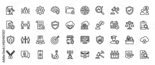 Data privacy and security line icon set. Vector pictograms of contracts, shields, locks, and intelligence, thin outline illustration.