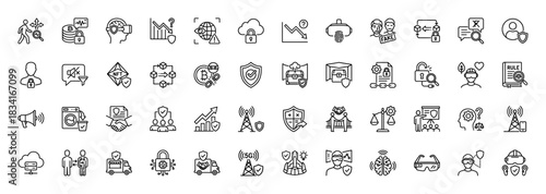 Cybersecurity and digital protection line icon set. Vector pictograms of blockchain, fraud, safety, and security, thin outline illustration.