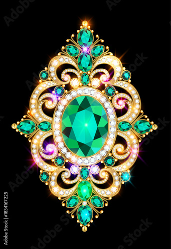 Luxurious brooch with emeralds and diamonds in gold setting against a black background