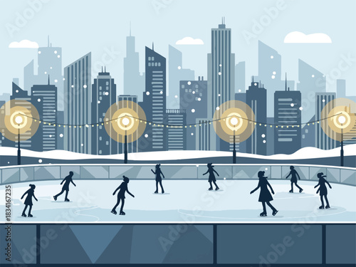 City ice rink scene with silhouettes skating under string lights in falling snow