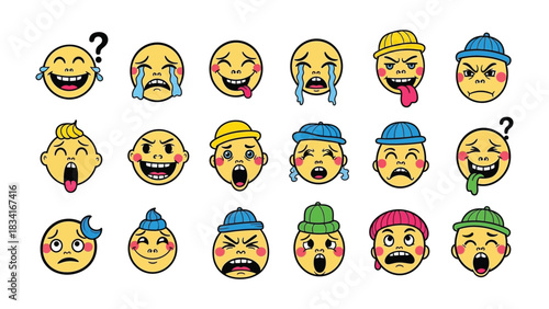 Emoji Expressions: A vibrant array of emojis showcases a spectrum of emotions, from joy and surprise to anger and confusion. Each emoji embodies a unique feeling, painted with vivid colors.