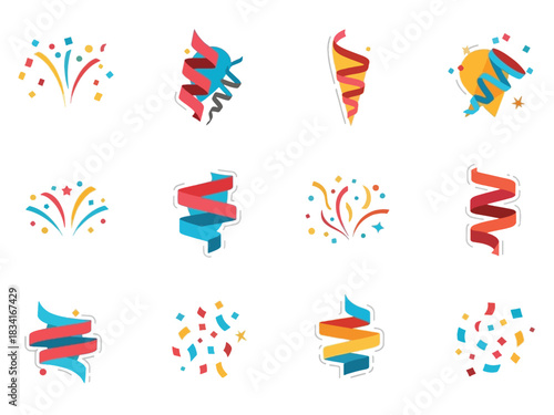 Collection of twelve celebratory icons featuring colorful confetti and ribbon streamers in various arrangements.