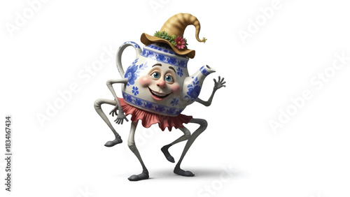 Whimsical Teapot Character: An animated teapot with whimsical features, adorned with a hat and skirt, dances with a cheerful expression, inviting smiles and playful imagination.