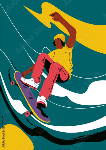 A man on skateboard is doing a trick. Vector illustration. Banner, poster, card.