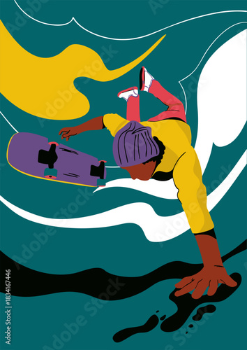 A man on skateboard is doing a trick. Vector illustration. Banner, poster, card.