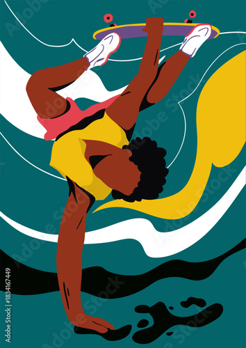 A man on skateboard is doing a trick. Vector illustration. Banner, poster, card.