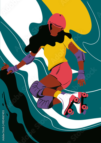 A girl on roller skates is doing a trick. Vector illustration. Banner, poster, card.