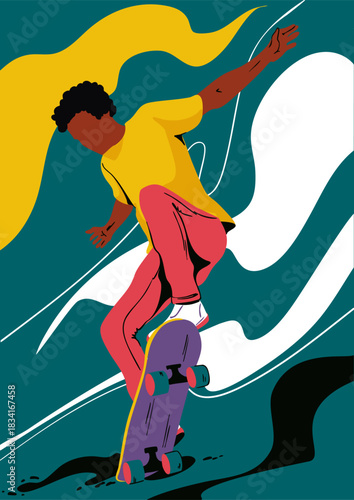 A man on skateboard is doing a trick. Vector illustration. Banner, poster, card.
