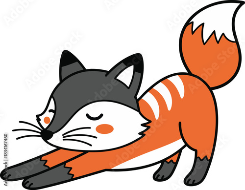 Adorable, simplistic cartoon fox mascot stretching happily