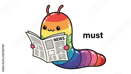 Newsworm: An animated, colorful worm engages in the act of reading a newspaper, showcasing curiosity and knowledge-seeking.