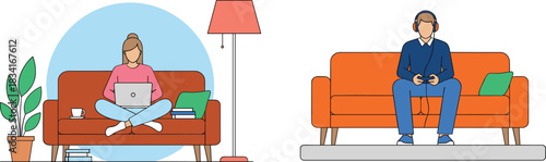 People relaxing at home vector illustration set showing laptop work and gaming leisure on cozy sofa