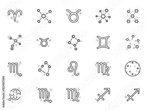 Set of outline icons representing zodiac signs, constellations, and astrological symbols with a modern minimalist design.