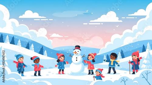Diverse group of happy children building a snowman together in a snowy winter landscape with pine trees and soft clouds in the sky