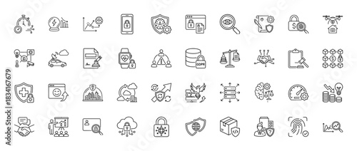 Artificial intelligence and security line icon set. Vector pictograms of brain, shield, blockchain, gdpr, cloud, drone and biometrics, thin outline illustration.