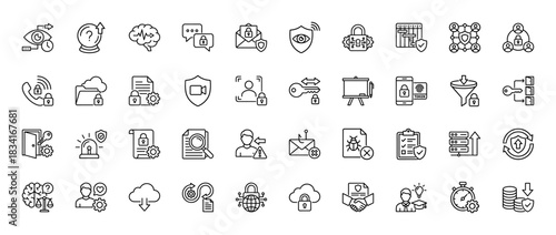Cybersecurity line icon set. Vector pictograms of data protection, security shield, encrypted documents, and access control, thin outline illustration.